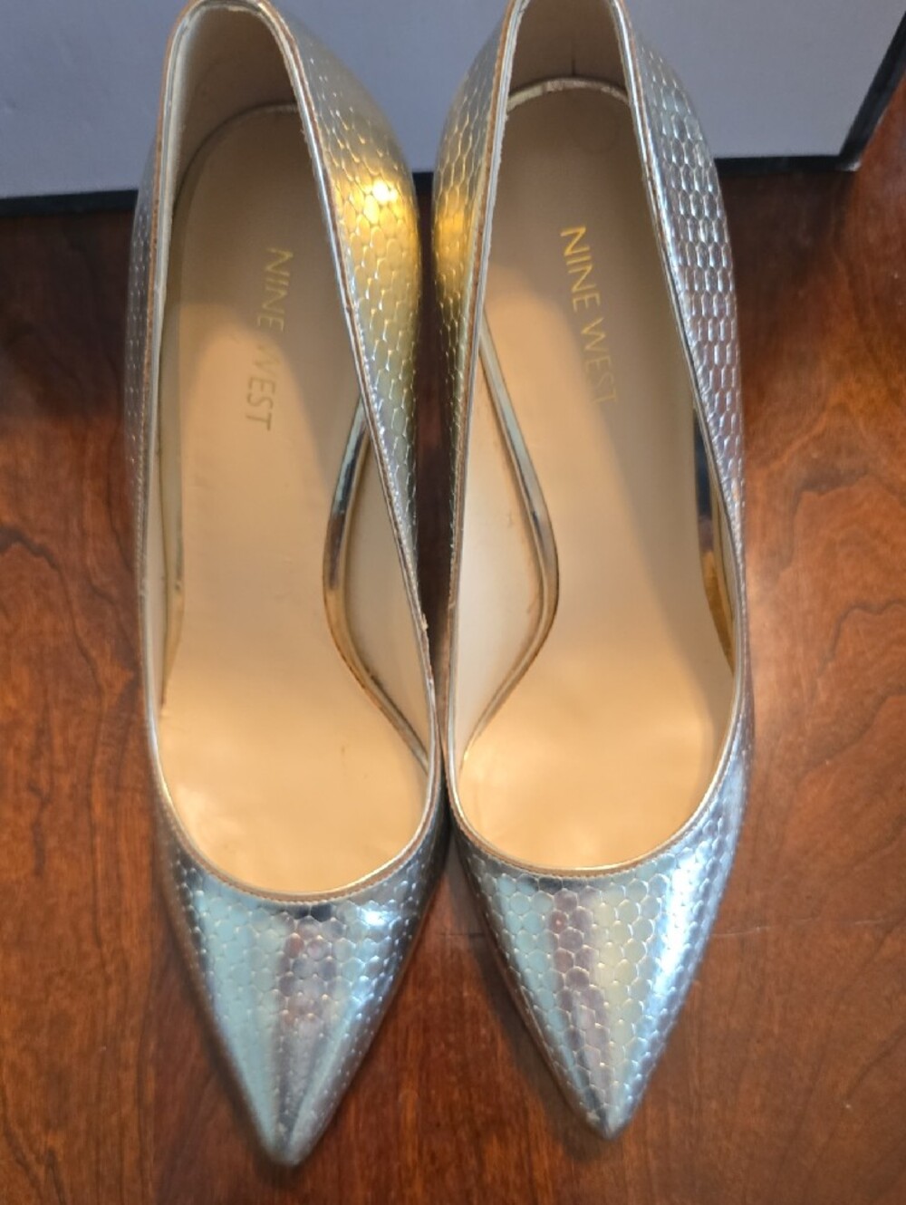 Nine West Metallic Gold Textured Pointed-Toe Pumps - Picture 7 of 12
